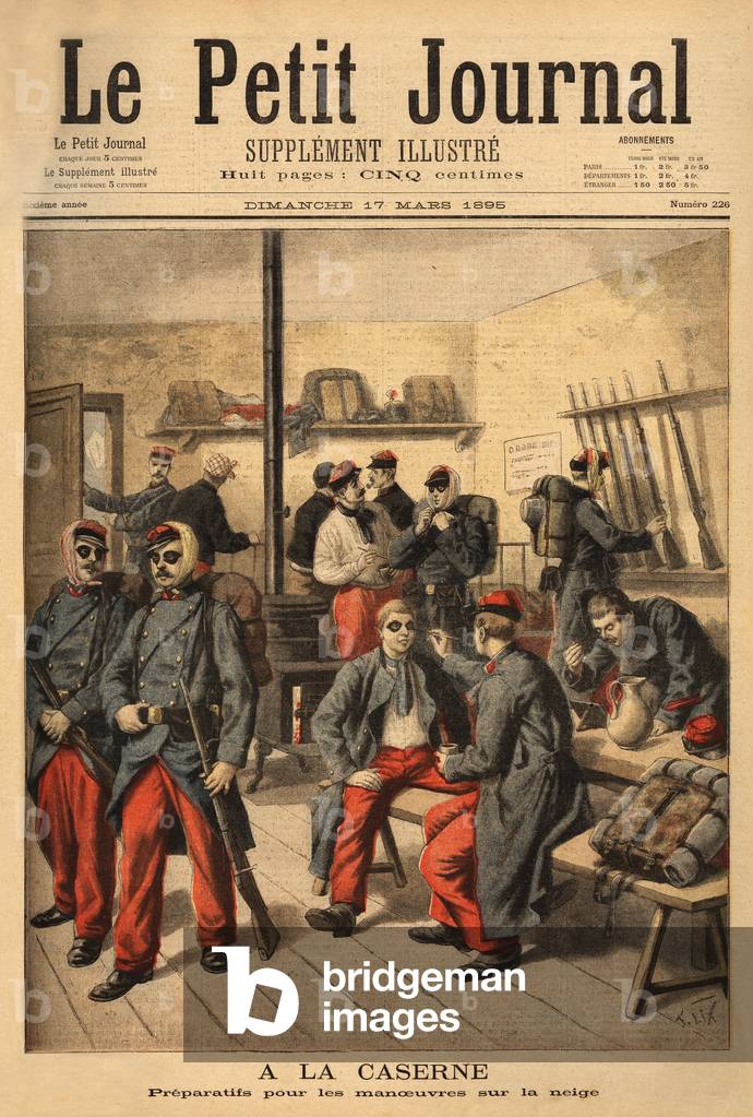 Preparing for maneuvers on the snow, instead of wearing glasses with smoke glasses, the soldiers are surrounded by black soot. Engraving in “” Le petit journal”” 17/03/1895. Selva's collection.