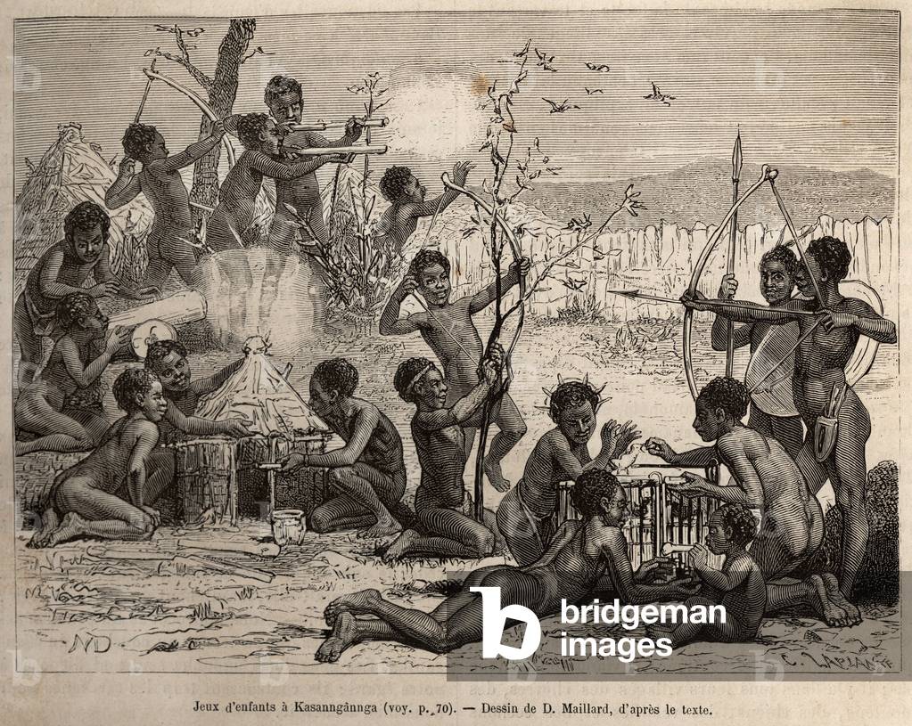 Children's games in Kasanngannga, playful imitation of adult activities, boys shoot locusts with tiny arrows, build houses, catch linottes that they keep in cage to teach them how to sing and make bows, arrows, spears and blow ash through reeds, engraving after a drawing by D. Maillard, illustrating David Livingstone's last journal (1813-1873), in 1866-73, published in “” Le tour du monde”” 1875, edited by Edouard Charton, edition Hachette, Paris. Selva Collection.