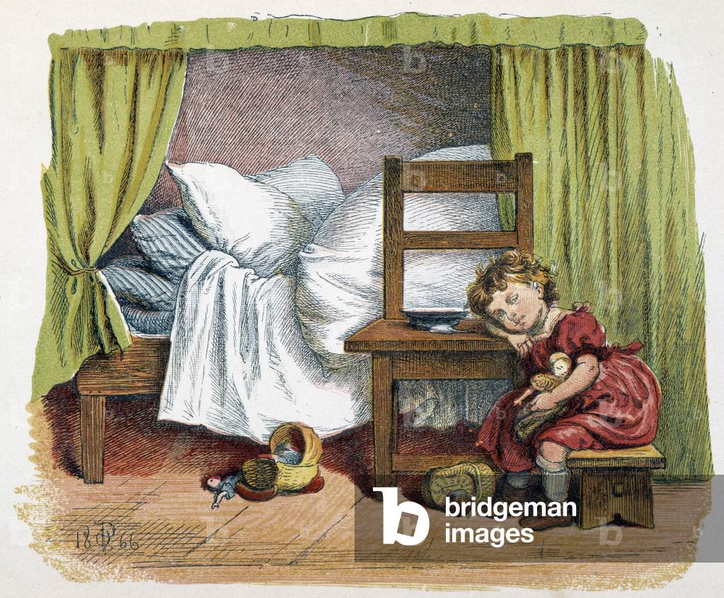Girl with her doll in “” Schnik, schnak, trifles for the little ones””, children's games. ed. London- Georges Ronthedge and sons. New York, The broad way Ludgate n.d. c. 1890.