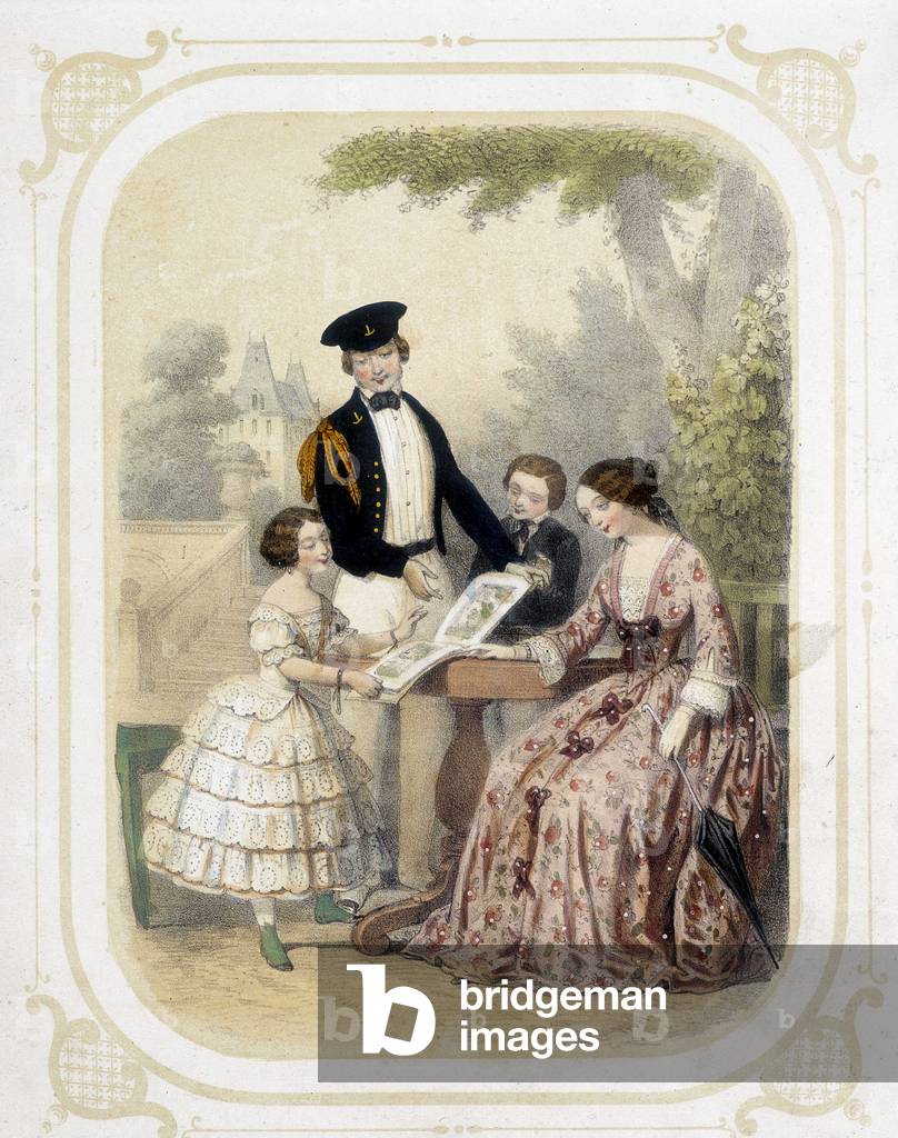 Family around a book of images - in “” Album du jeune voyageur””, illustrated by Louis Lassalle, 19th century