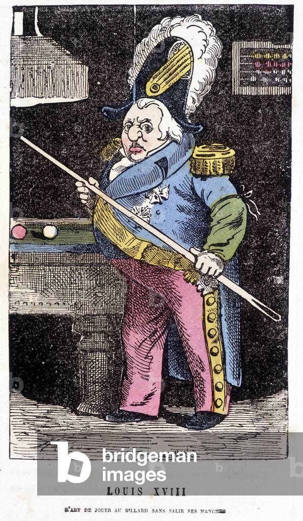 Louis XVIII playing billiards - in “” Histoire de France Tintamarresque”” by Touchatout, 1872
