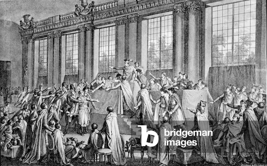 Bonaparte has Saint Cloud on 19 fog year VIII in the Hall of the Council of Five Cents (Five Cents) (Room of 500) during the coup d'état of 18 fog.