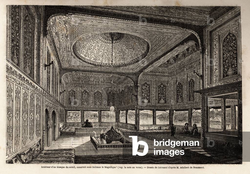 Inside a kiosk of the serail in Constantinople (present-day Istamboul), built under Soliman the Magnificent or Suleyman 1st (1495-1566), 10th sultan of the Ottoman dynasty, to illustrate a visit to the serail in 1860, by an anonymous woman. Engraving in “” Le tour du monde””, edited by Edouard Charton, 1863. Selva's collection.
