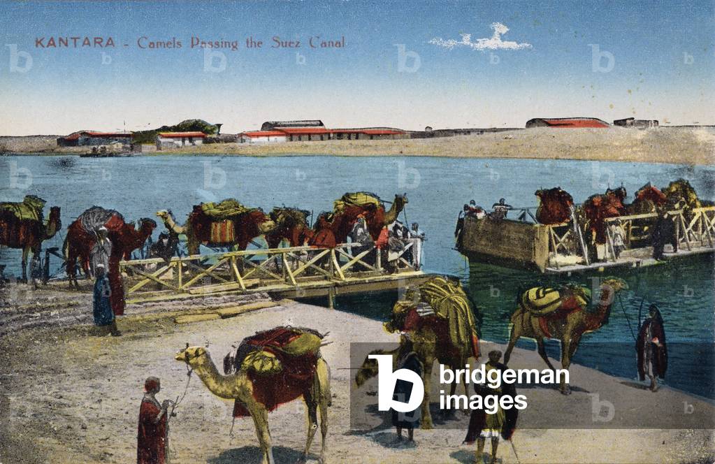 Kantara: camels pass the canal through the ferry - postcard, circa 1900