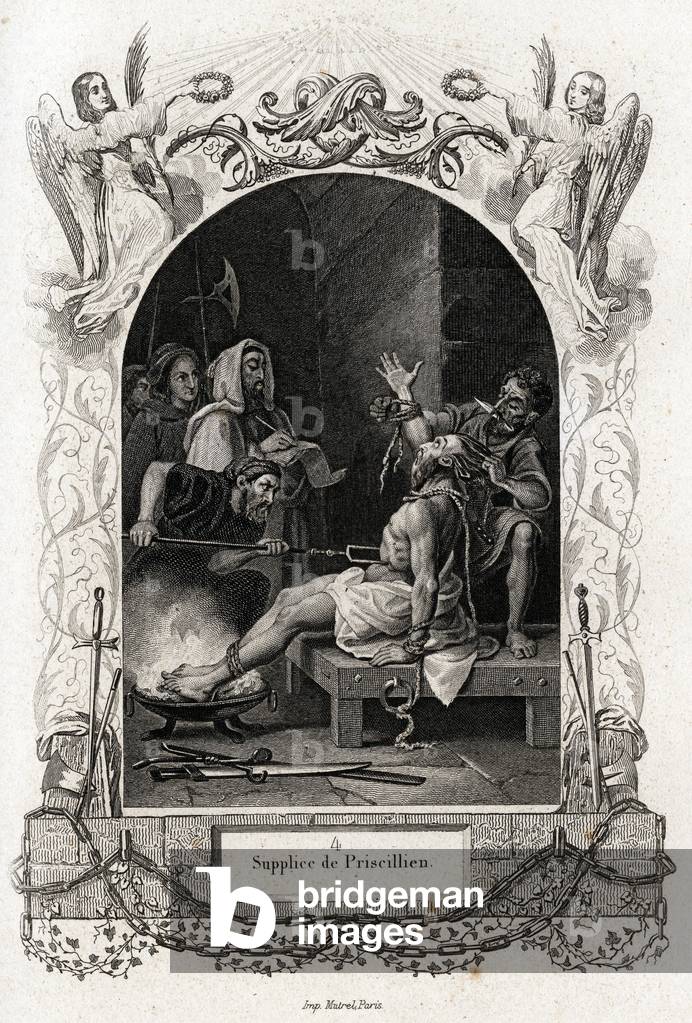 Tortura di Priscilliano (Prisciliano) nel 385, Incisione per illustrare l'Histoire des Popes di Maurice Lachat