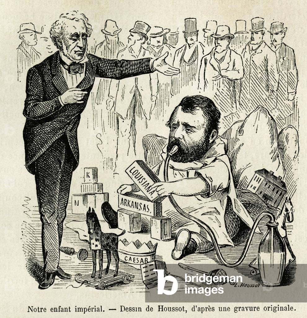 Cartoon depicting American president Ulysses Grant (1822-1885), sucking a bottle, near a wooden horse and a paper wreath labelled “caesar”” and a construction game with which he tries to build a throne, standing in front of him, Senator Kernan speaking on behalf of the democrats told him “” o mighty Cesar, what a degringolade!” , denouncing scandals and corruption in its administration. Engraving after Houssot's drawing, to illustrate the story La conquete blanche, by William Hepworth Dixon, in 1875, published in “” Le tour du monde””” 1876, edited by Edouard Charton, Hachette edition, Paris. Selva Collection.