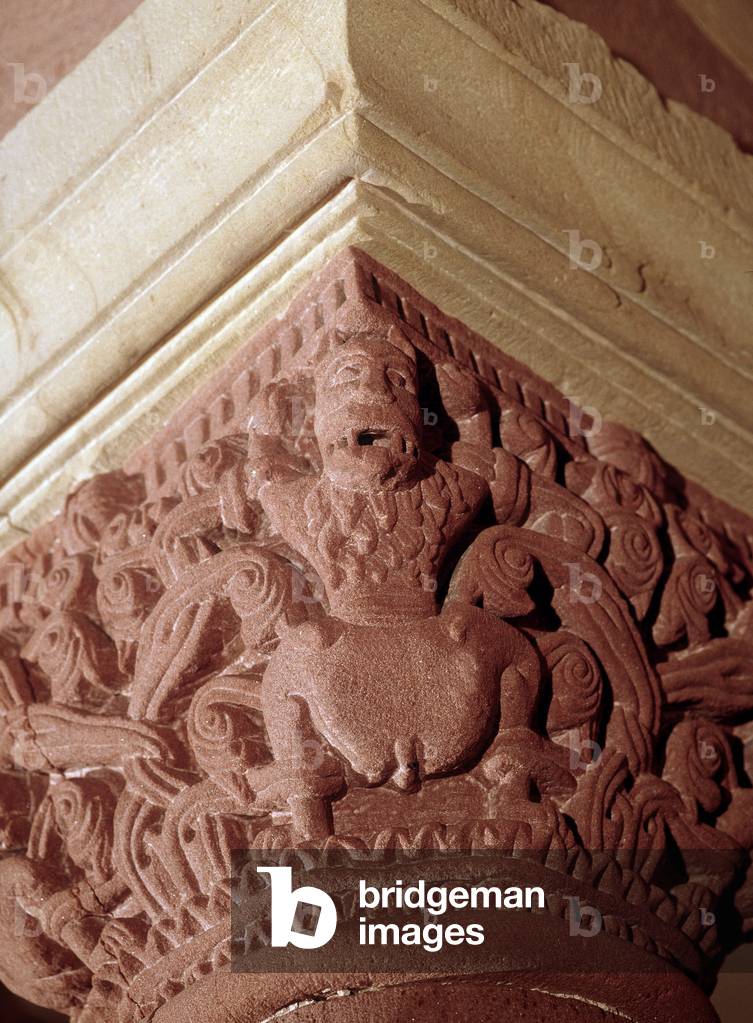 Detail of a capital of a column of the Romanesque crypt of Strasbourg Cathedral (Bas Rhin 67)