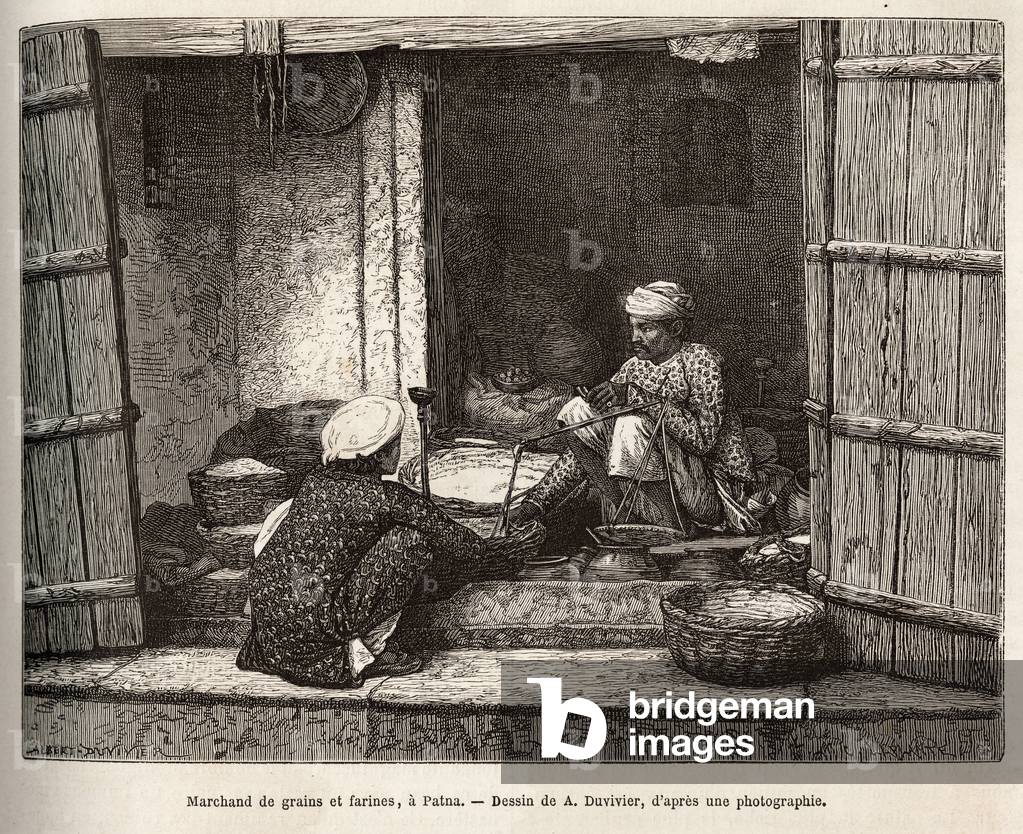Grain merchants and flour in Patna, with their scales and their various measuring baskets, engraving after the drawing of A. Duvivier, illustrating the journey in India of the Rajahs, in 1864-1868, by Louis Rousselet, published in “” Le tour du monde”” 1874, edited by Edouard Charton, edition Hachette, Paris. Selva Collection.