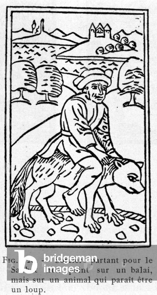 Witch leaving for the Sabbath not on a broom, but on an animal that seems to be a wolf.