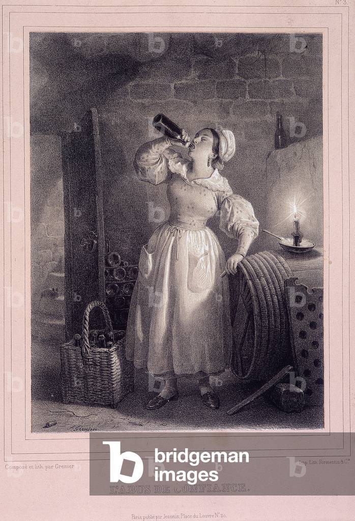 Abuse of trust (domestic drinking wine in the cellar) - lithography, 19th century