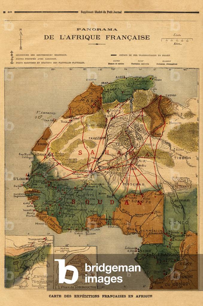 Panorama of French Africa, map of French expeditions in Africa. Engraving in “” Le petit journal”” 5/03/1894. Selva's collection.