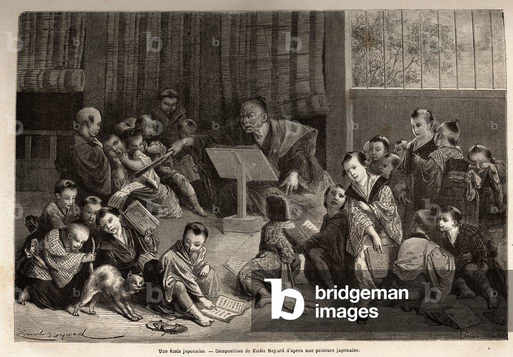 A Japanese school, for the instruction of young boys, squatting around their teacher, they learn through recitation exercises the elements of the alphabet and grammar. Engraving to illustrate the voyage to Japan in 1863-1864, by Aime Humbert, minister of the Swiss Confederation, in “Le tour du monde, nouveau journal des voyages”, published under the direction of Edouard Charton, 1866, Paris. Selva Collection.
