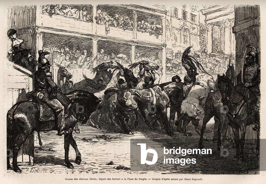 The free horse race, organized four times during the carnival, starts at the People's Square, then spears at the triple gallop on the Corso to the Venice Square, where the prizes are presented. Engraving to illustrate the voyage to Rome, by Francis Wey, in 1864-1870, published in “Le tour du monde”” 1870-1871, edited by Edouard Charton, edition Hachette, Paris. Selva Collection.
