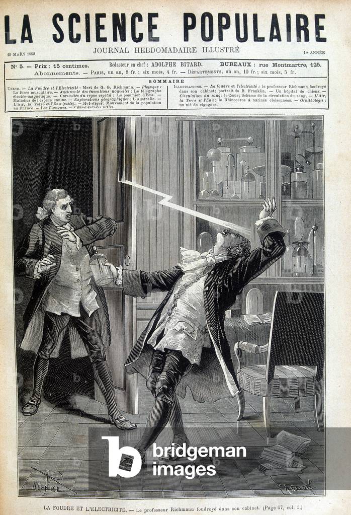 Professor Georges Guillaume Richmann (1711-1753) died in his workshop following an experiment with an electrometer, 1753. In La science populaire, March 19, 1880.