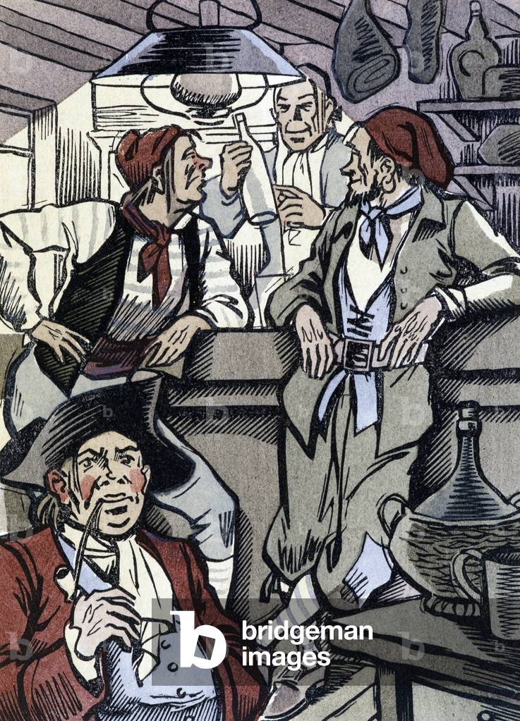 Pirates in their tavern - illustration by Pierre Leconte, in “The Anchor of Mercy” by Pierre Mac Orlan, engraved on wood, 1947 Rights Reserved Attention! Authorization to request the Mac Orlan Committee (www.comitemacorlan.com): contact@comitemacorlan.com