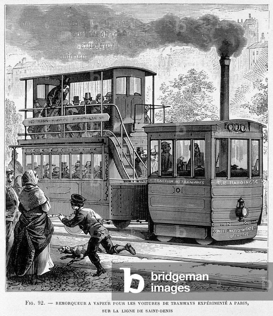 Steam tug for experienced tramway cars in Paris, on the Saint-Denis line - in “” The new conquests of science”” by Louis Figuier, 19th century