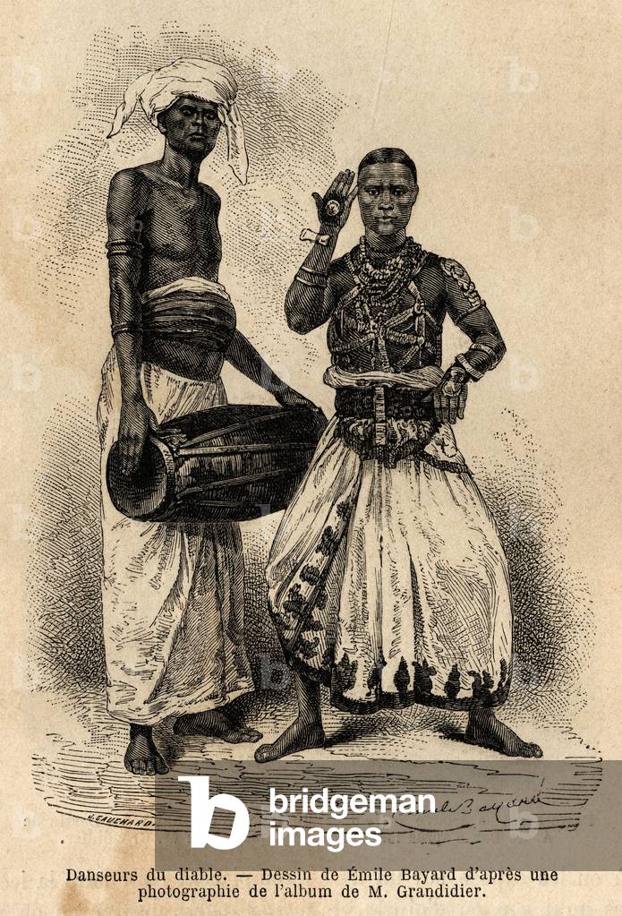 The devil's dancers, whose practice dates back to the 3rd century AD, rely on superstitious beliefs of incantations, singing and dancing, in order to warn a sick person or drive out a nefaste influence. Engraving to illustrate the voyage in the meridional provinces of India, by Alfred Grandidier, in 1862-1864, published in “” le tour du monde””, edited by Edouard Charton, Hachette, Paris 1869.Selva Collection.
