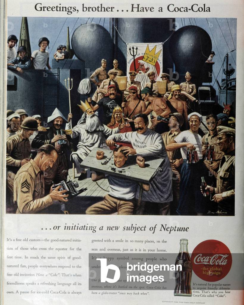 Ceremony of the passage of the equator on American warship, pub. for Coca Cola, 