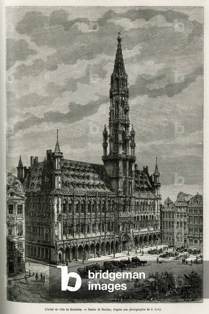 Brussels City Hall. Barclay's engraving, to illustrate the story of Belgium by Camille Lemonnier, published in the tour du monde, under the direction of Edouard Charton (1807-1890), Paris, 1881. Selva Collection.