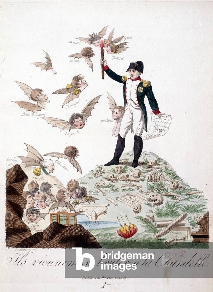 Cartoon about Napoleon I depicted on a hill covered with skeletons and holding a candle that burns the wings of characters (Merlin de douai, Regnault...) represented in bat. - in Napoleon I, caricatures, dummy collection. 1814 - 1815. B.H.V.P.