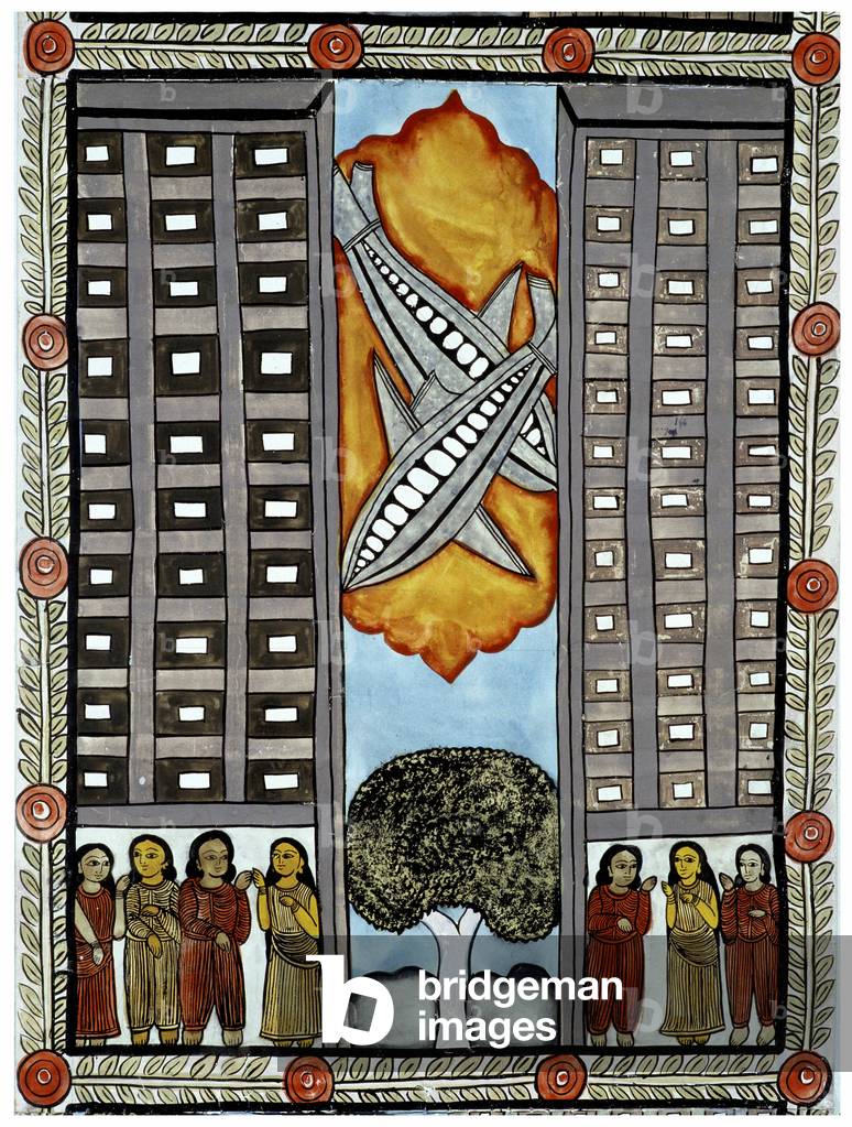The story of the attacks of 11 September 2001 told by the peddlers Baul from Bengal, an illustration of the planes taking part in the World Trade Center in New York. Painting, series, number 3/9, Bengal.