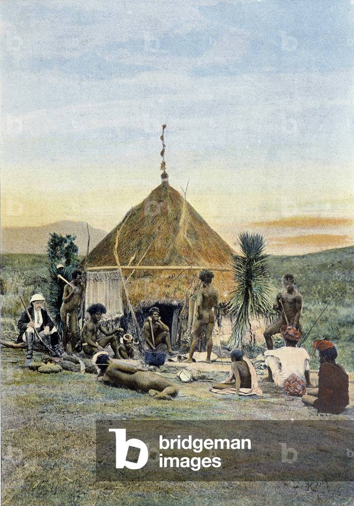 Illustration of a telegraphic camp near Uarai in New Caledonia.