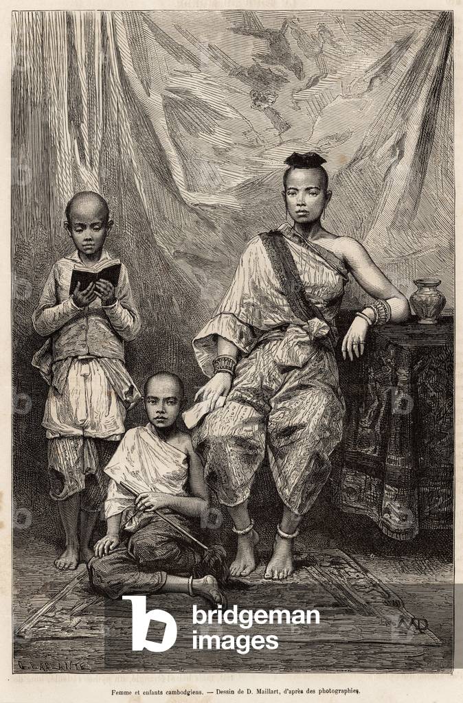 Cambodian woman and children, engraving after a drawing by D.Maillart, illustrating the voyage to Cochinchine, by Doctor Morice, in 1872, published in “” Le tour du monde””” 1875, edited by Edouard Charton, Hachette edition, Paris. Selva Collection.
