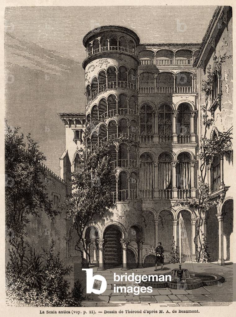 La Scala Antica, drawing by Therond, to illustrate Adalbert de Beaumont's journey to Venice, around 1850. Engraving in “” Le tour du monde””, edited by Edouard Charton, 1862. Selva's collection.