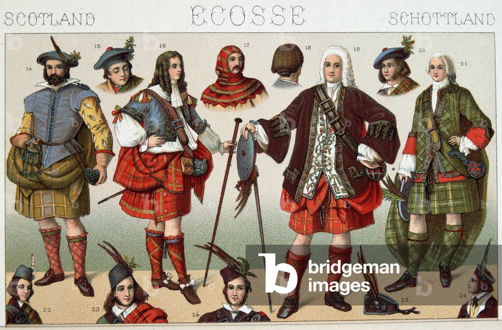 Traditional Scottish Costumes - in “” Le costume historique”” by Racinet, 19th century