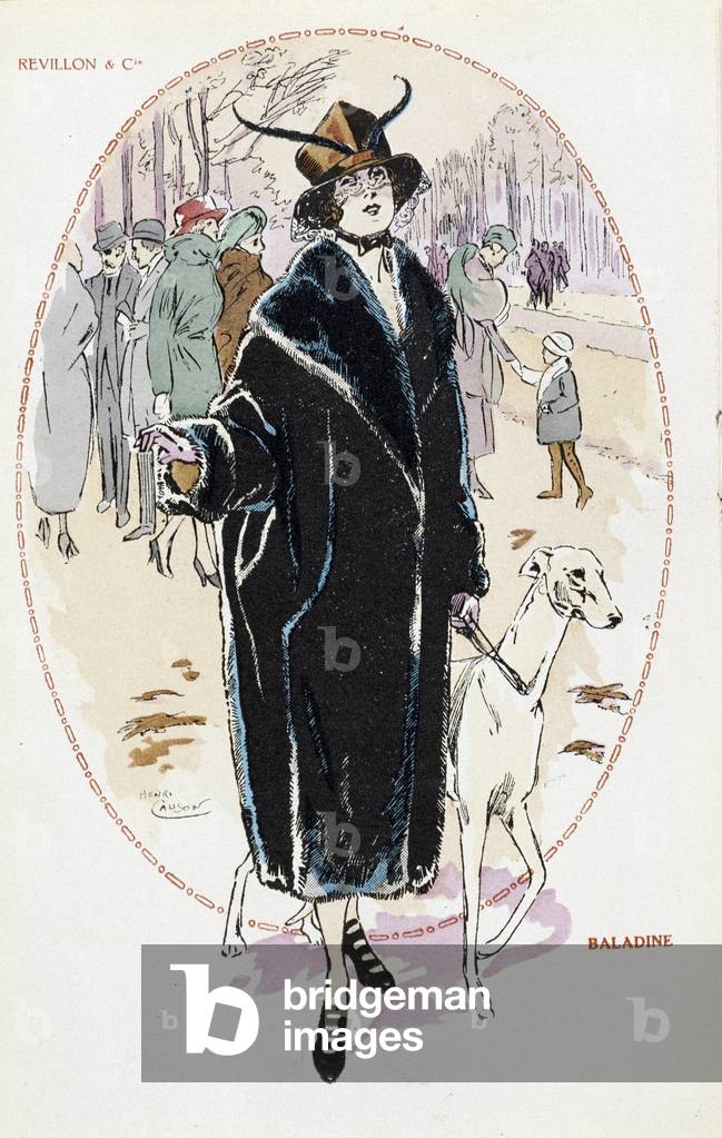 Woman presenting a fur coat for New Year's Eve, 1920s. Drawing by Henri Causon.