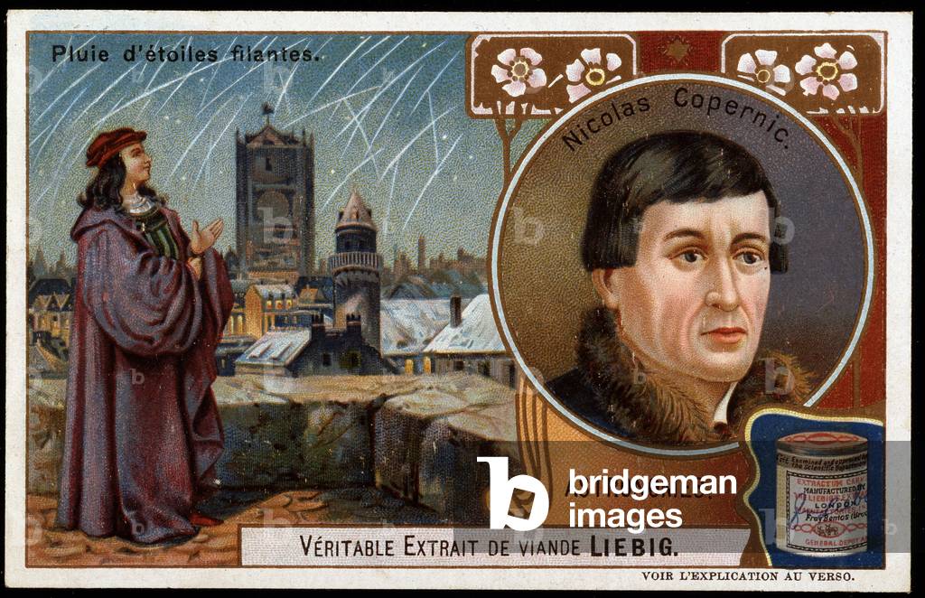 Portrait of Nicolas Copernicus (Nicolaus Copernicus, 1473-1543) (astronomer) and rain of shooting stars - Liébig advertising sticker