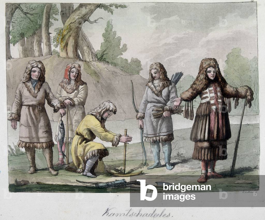 Kamtschadales people in Siberia. In “” The old and modern costume”” 1819-1820, by Ferrario.