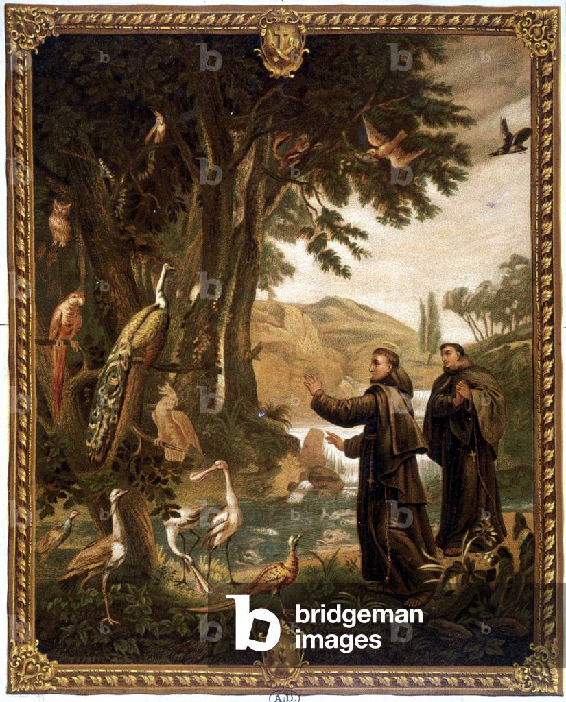 St. Francis of Assisi talking to birds - 19th century chromo reproducing an 18th century painting.