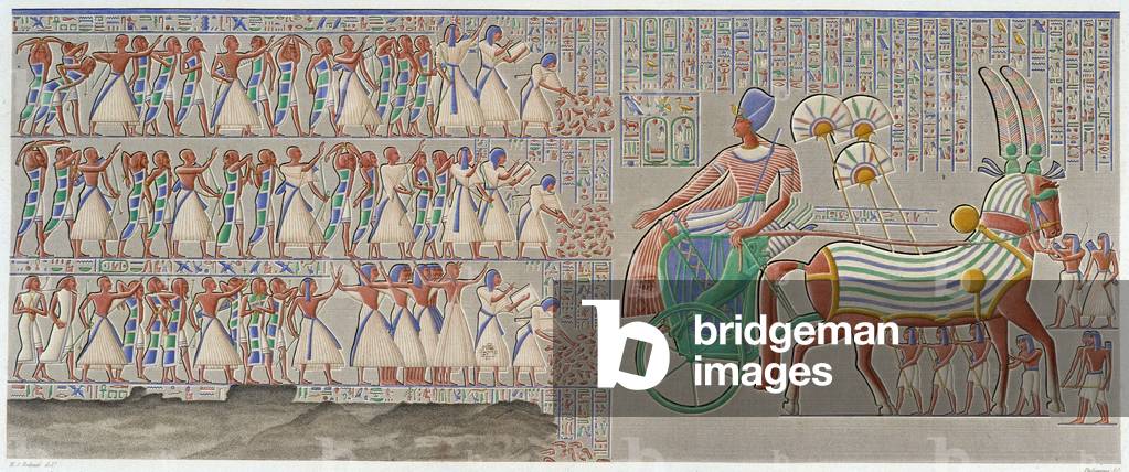 Thebes, Medynet-Abu: coloured bas-relief, carved in the south gallery of the peristyle of the palace - in “” Egyptian Antiquites””, T.II