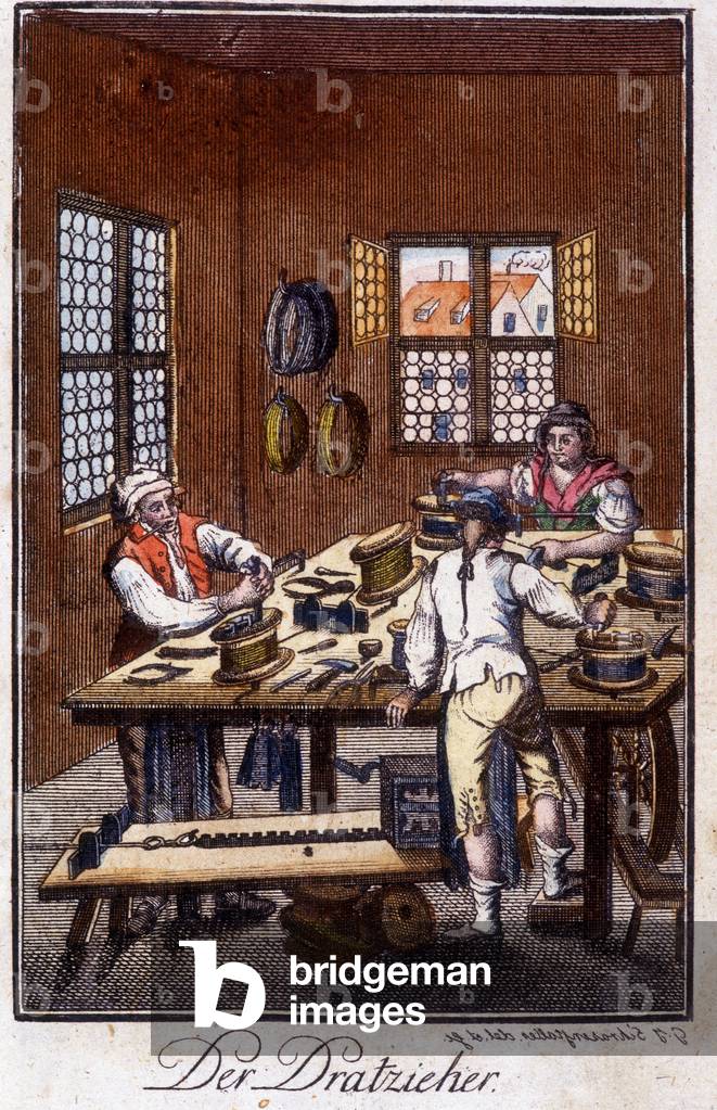 Craft craft: the gold shooter (stretcher or silver advance) in his workshop. In “” Comprehensive description of arts and crafts and workshops for young people”” by Johan Peter Vue. Ed. Nuremberg, Weigel and Schneider, 1790.