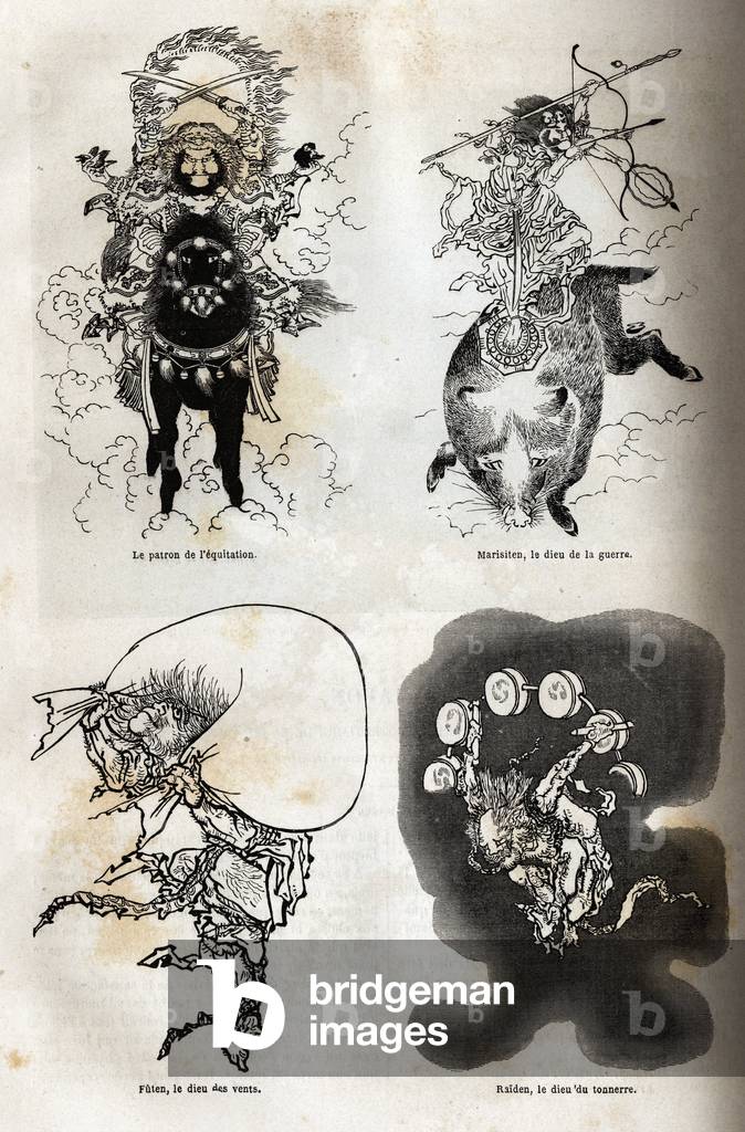 The pantheon of Japanese divinites: traditional representation of some typical figures: the patron of horse riding; Marisiten, the god of war; Futen, the god of winds; Raiden, the god of thunder. Engraving to illustrate the voyage to Japan in 1863-1864, by Aime Humbert, minister of the Swiss Confederation, in “Le tour du monde, nouveau journal des voyages”, published under the direction of Edouard Charton, 1866, Paris. Selva Collection.