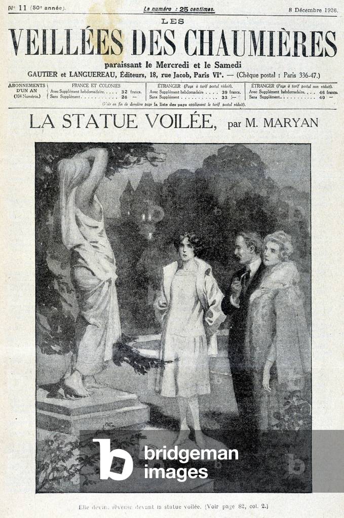 Two women and a man looking at a statue in a park: “La Statue voilee” illustrated story from the newspaper “Veillees des chaumieres” of December 1926 (engraving)