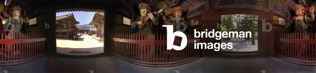The Guardian Kings of the Buddhist Faith, in the entrance porch of the temple of Tongdosa, founded around 646, near Mount Chwiseo. 360 degree panoramic by Leonard de Selva, Korea, 1999.
