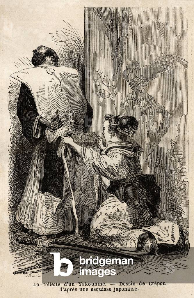 A samurai's toilet, a young maid helps her tie her kimono. Engraving to illustrate the voyage to Japan, in 1863-1864, by Aime Humbert, minister of the Swiss Confederation, in “” Le tour du monde, nouveau journal des voyages”” published under the direction of Edouard Charton, 1867, Paris. Selva Collection.