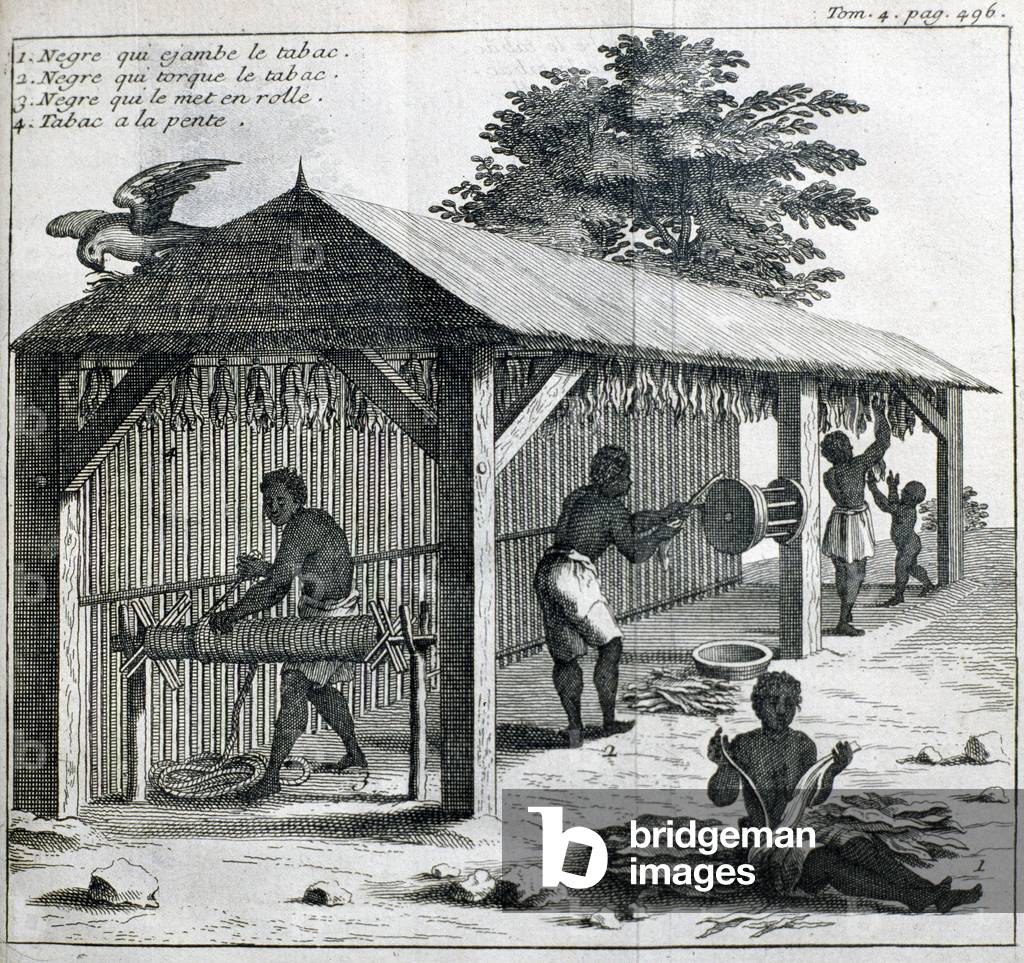 Black slaves in a tobacco factory - in “” New Journey to the Isles of America””, by Father Labat, ed. Cavelier, Paris, 1722