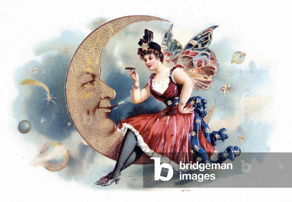 Woman butterfly smoking a cigar on the moon - Cigar label, v.1900