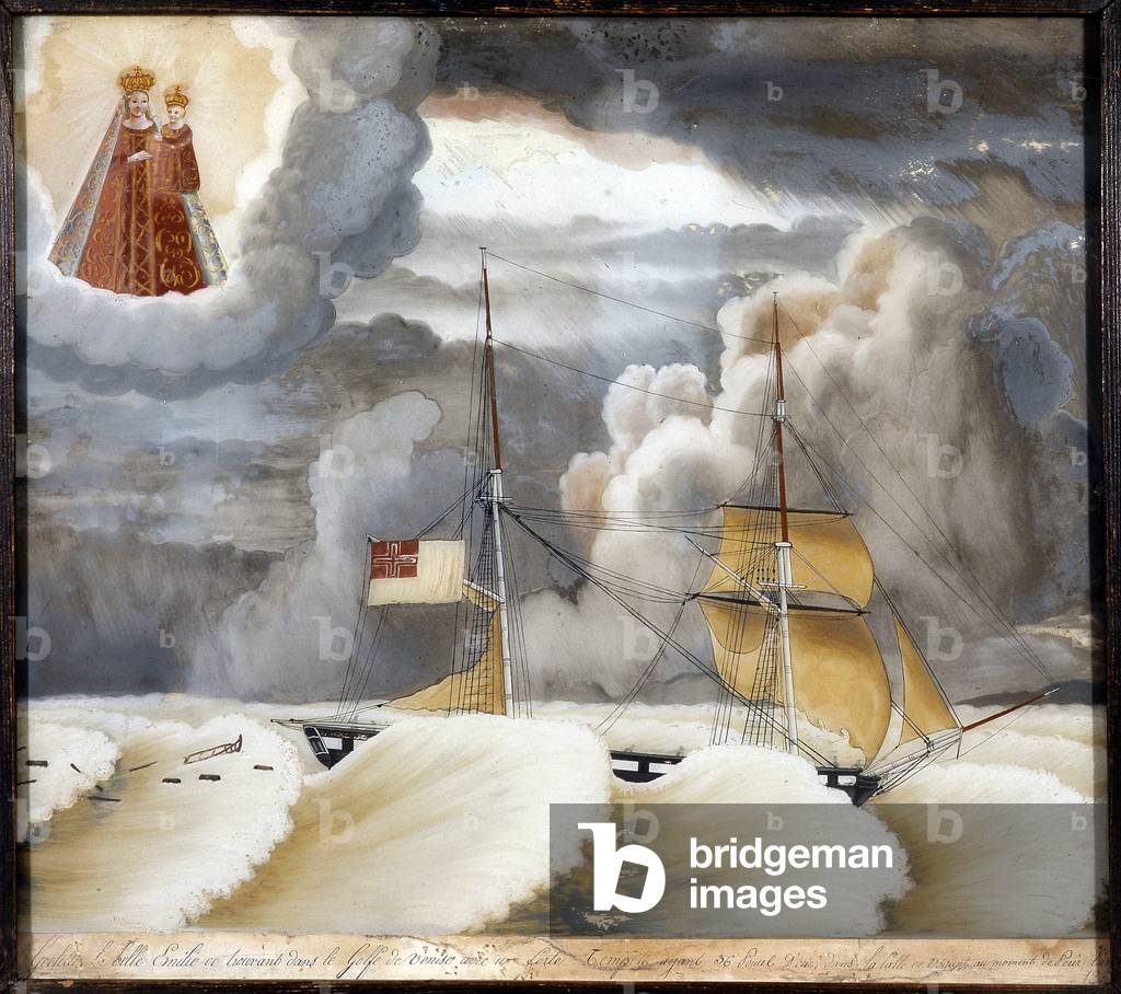 Ship “” La belle Emilie”” in difficulty - painting on wood, ex voto of the Notre Dame de Laghet, 44x37 cm, 1828