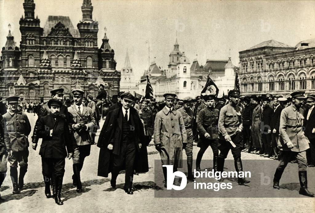 Lenin (Vladimir Ilyich Ulyanov said, 1870-1924) with a group of officers reviews the units of students of the courses of general military training, Red Square, Moscow, May 25, 1919 -