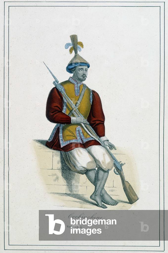 Soldier of Cochinchinean armor - in “The different peoples of the earth”” by Abbot Paul Jonhanneaud, Librairie des Bons livres, 1860 in Limoges at Martial Ardant Frères.