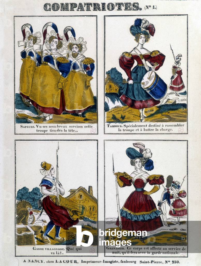 Women of the Paris Commune: sapeurs, drum, village guard and grenadier, (Epinal print)