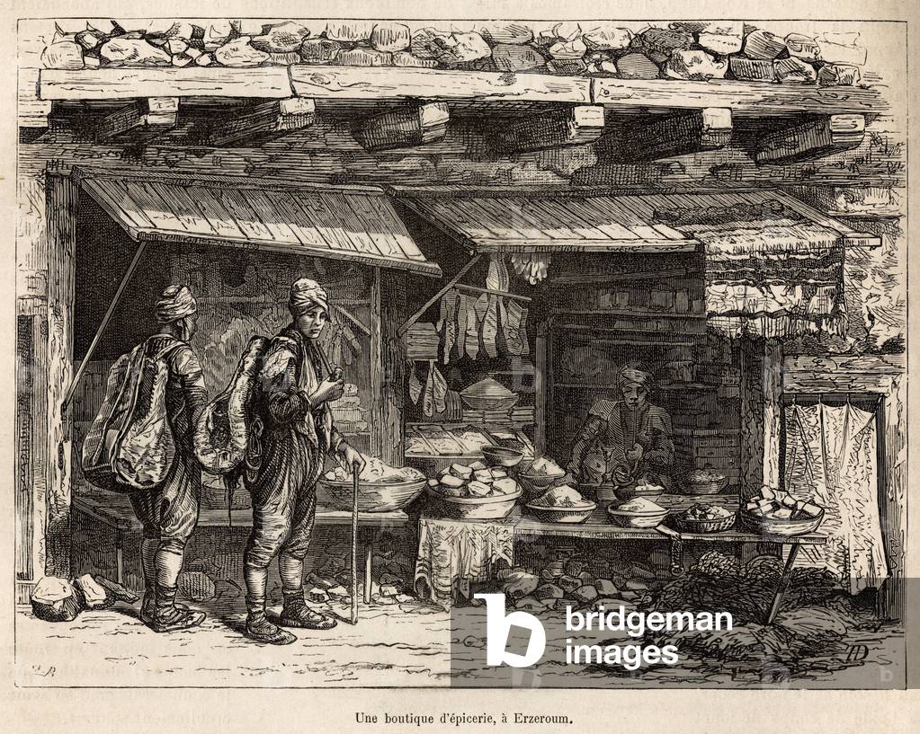 A grocery store in Erzeroum (Armenia), engraved after a drawing by the author, illustrating the journey in Lazistan and Armenia, by Theophile Deyrolles, in 1869, published in “” Le tour du monde””” 1875, edited by Edouard Charton, Hachette edition, Paris. Selva Collection.