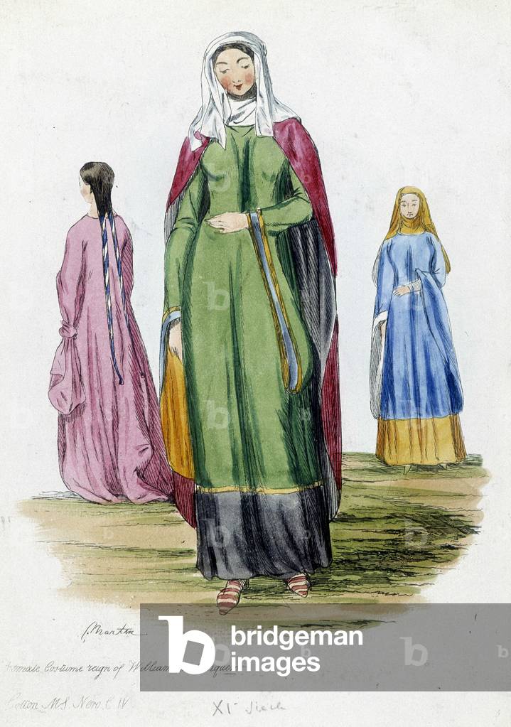 Female costumes at the time of William the Conqueror, 11th century - engraving, 19th century
