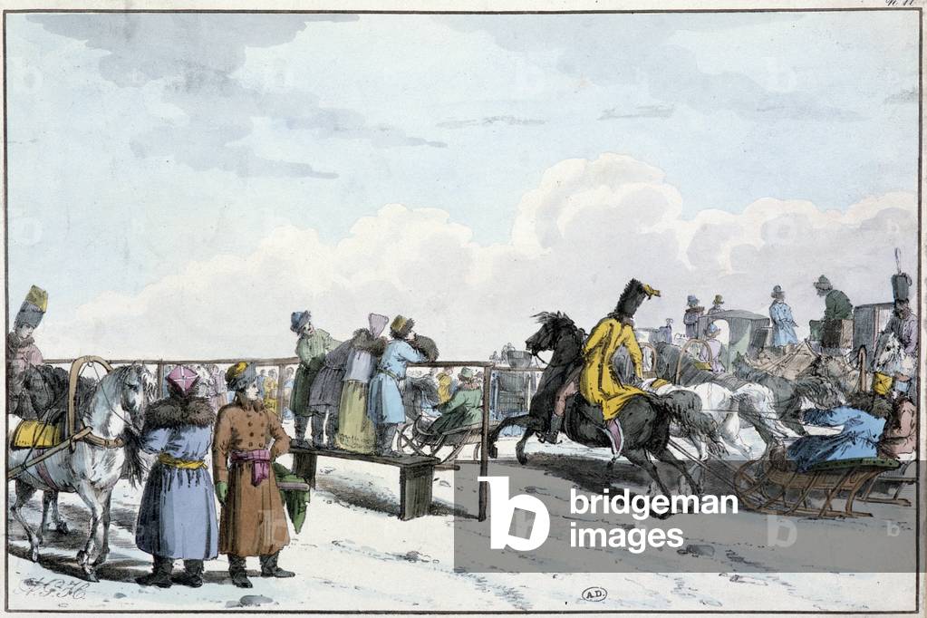 Race of tanks and horses in Russia - engraving, 19th century