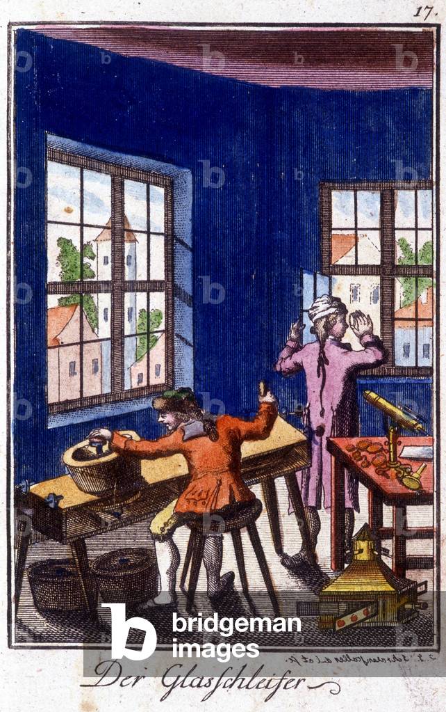 Craft craft: the glass tailor in his workshop. In “” Comprehensive description of arts and crafts and workshops for young people”” by Johan Peter Vue. Ed. Nuremberg, Weigel and Schneider, 1790.