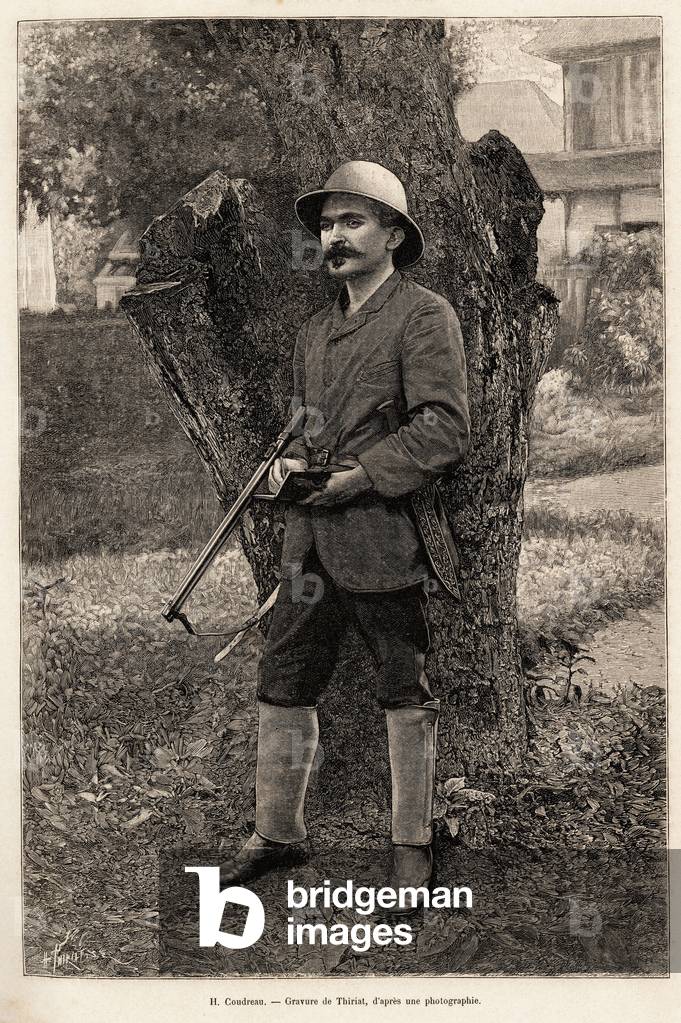 Portrait of Henri Coudreau (1859-1899), professor of geography and explorer of the Amazon (Brazil). Engraving by Thiriat to illustrate the story “” chez nos indiens, quatre annees de voyage dans la Guiane francaise””, 1887-1891, by Henri Coudreau (1859-1899), in Le tour du Monde 1892, directed by Edouard Charton (1807-1891), Hachette, Paris.